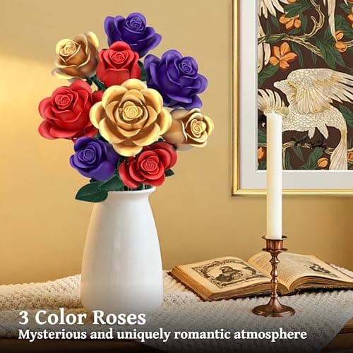 Rose Bouquet Flowers Building Set, 501Pcs Red Purple Golden Roses Artificial Flowers Botanical Collection Compatible with Lego Flowers Home Office Table Decor Gifts for Her/Mom/Girlfriend/Wife/Couple view 5