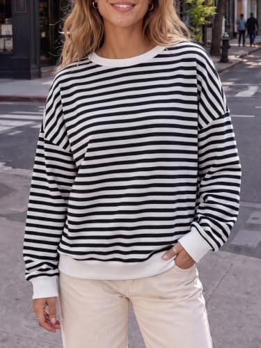 Fisoew Womens Oversized Striped Sweatshirts Casual Open Back Pullover Tops view 3