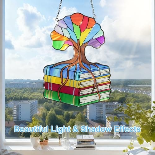 AQGQTQ Stained Glass Window Hanging, Colorful Book Tree of Life Sun Catchers, Book Lover Gifts for Women, Suncatcher Hanging Literary Decor for Birthday for Women, Men, Wife, Aunt, Mom view 5