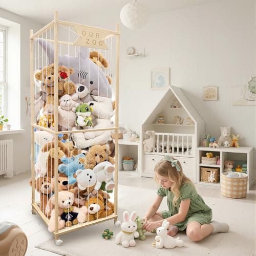 Stuffed Animal Storage Zoo with Wheels, Wooden Large Stuff Animals Plushies Holder, 22.5" D x 22.5" W x 64" H Toy Organizer Storage Cage with Elastic Band and Net for Nursery Playroom Bedroom view 2