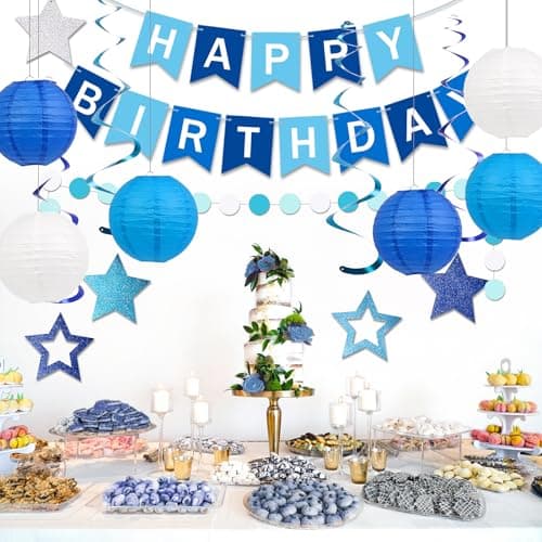 Happy Birthday Decorations, Blue Birthday Party Decorations Set with Happy Birthday Banner, Paper Lanterns, Star Swirl Hanging Decorations & Circle Dots Garland view 6
