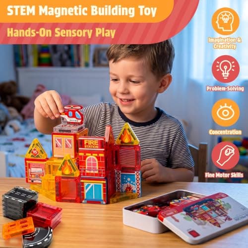 Mini Magnetic Tiles Set with Fire Rescue|Travel Magnet Tiles for Boys | Fire Truck,Firemen,Road,Rescue Helicopter Mini Magnetic Travel Set|Construction Building Blocks for 3+ Year Old Birthday Gift view 4