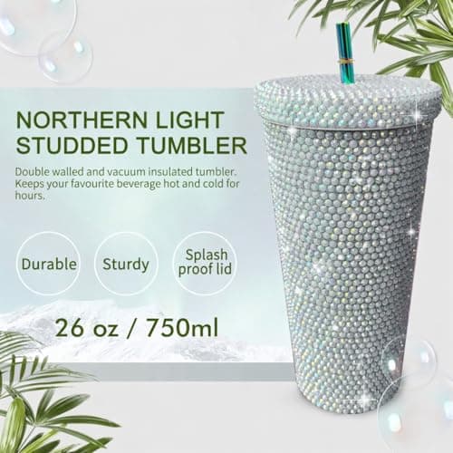 26oz Bling Rhinestone Studded Tumbler with Lid and Straws, Bling Cups Stainless Steel Water Bottle Diamond Glitter Tumbler for Women - Birthday Gifts for Women, Mom,Get Well Soon Gifts (Shiny) view 3
