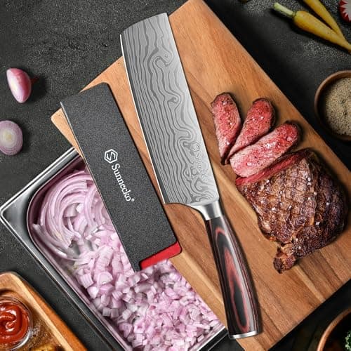 Sunnecko Japanese Nakiri Knife 7 Inch - Carbon Steel Chef Knife Vegetable Cleaver with Sheath, Kitchen Gift for Home Cooks, Professional Kitchen Knife Gift Box view 2