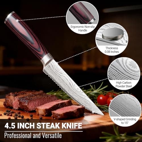 DAJOUJS 4.5 Inch Serrated Steak Knife - Ultra Sharp Serrated Knife Japanese High Carbon Steel Blade, Ergonomic Handle, Premium Kitchen Cutlery for Steak, BBQ & Outdoor Meals view 6