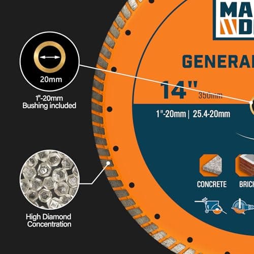 14 Inch Diamond Cutting Blade, Turbo Rim for Angle Grinder Circular Saw Cutter Wheel Dry Wet for Masonry/Concrete/Brick/Stone, 1"-20mm Arbor view 3