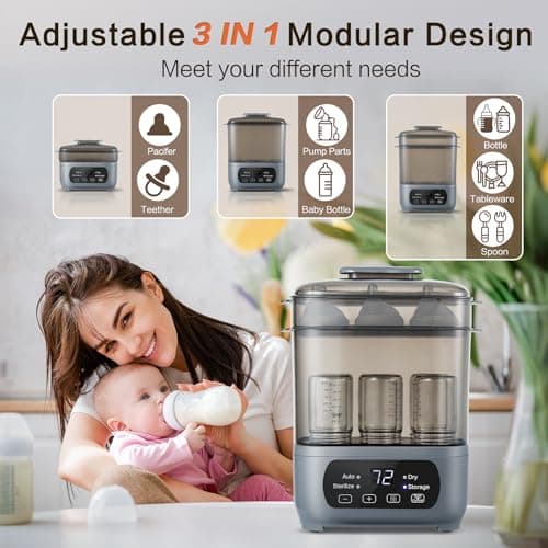 AMZBABYCHEF 4-in-1 Baby Bottle Steamer and Dryer, Electric Steamer with Fast Drying, Universal Fit for All Bottles, LED Touch Screen & Auto Shut-Off Protection (Grey) view 6