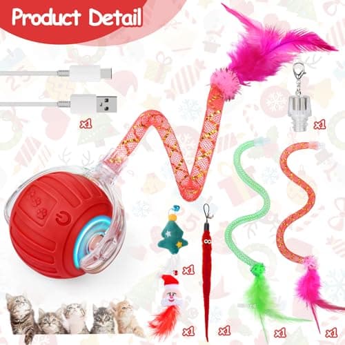 Interactive Cat Toy Ball - Christmas Cat Toys for Indoor Cats with Feather Tails for Chasing, Moving Stimulation Smart Cat Toy for Enrichment, Motion Activated Automatic Rolling Toys to Keep Them Busy view 2