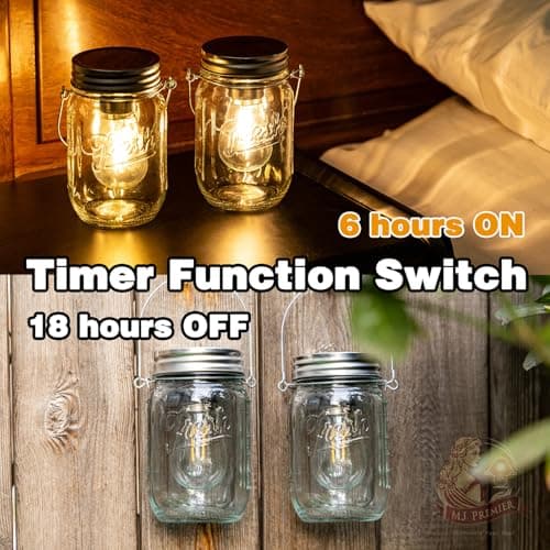 MJ Outdoor Mason Jar Lights Hanging Battery Operated Lamp Timer Cordless Lamps 2-Pack LED Decorative Garden Lanterns Glass Light for Patio Camping Courtyard Backyard Tree Hallway Stairs( Transparent) view 6