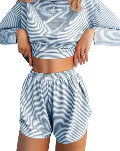 JUSTFASHIONNOW Womens Pajama Sets Striped Two Piece Lounge Sets Long Sleeve Top and Split Shorts Print Sleepwear Comfy Pjs — image 1