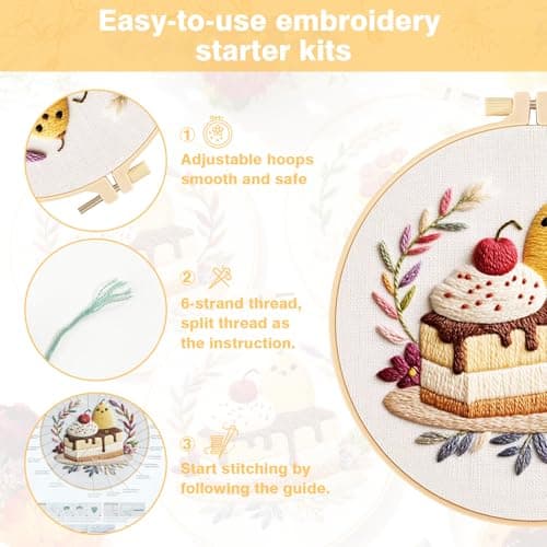 RidaaFri Embroidery Kit for Beginners, 3PC Starter Set with Pre-Printed Cake & Fruit Patterns, Includes Hoop, Needles, Floss, Step-by-Step Guide, DIY Hand Embroidery Craft for Adults view 6