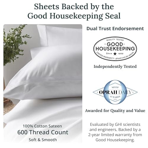 California Design Den Queen Sheet Set - Luxury 600 Thread Count Sateen, 100% Cotton Deep Pocket Queen Sheets with All Around Elastic, Snug Fit, Durable Bedding Set - White view 2