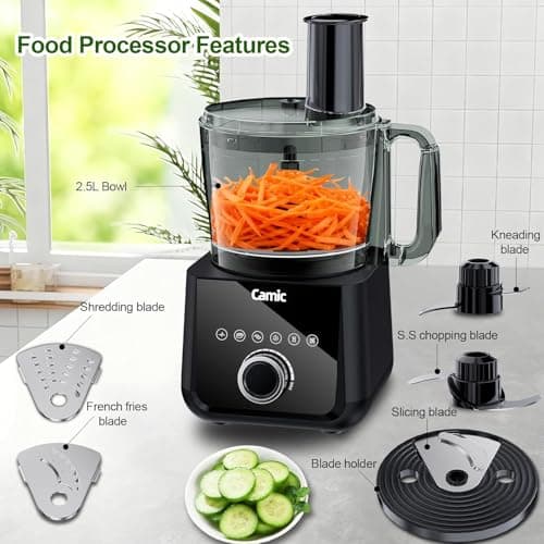 Camic Food Processor, 600W, Shredding and Slicing, French Fries Cutter, Kneading, Meat and Vegetable Chopping, Ice Crushing, 6 Presets, Easy to Operate and Clean for Home Use (Standard Version) view 2