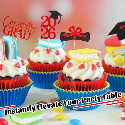 Oeyliz Graduation Cupcake Toppers 2026 Graduation Theme Cupcake Toppers Glitter 2026 Grad Cap Congrats Grad Diploma Cupcakes Toppers 24 PCS For 2026 Graduation Cake Decorations Supplies Red view 4