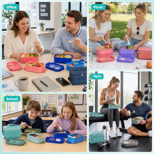 DaCool Adults Lunchbox Bento Box with Lunch Bag- 74 OZ All-in-One Stackable Lunch Box for Adults Kids Leakproof Bento Large Lunch Box Containers with Fork Spoon Sauce Box for Work School (Green) view 5