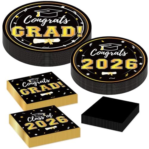 Graduation Party Plates and Napkins 2026 Graduation Party Supplies Black Gold Disposable Paper Plates Luncheon Napkins Cocktail Napkins for Graduation Party Decorations Serve 50 view 6