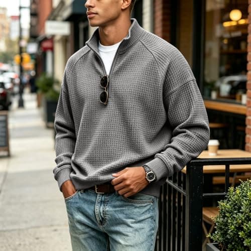 Mens Quarter Zip Pullover Waffle Knit view 4