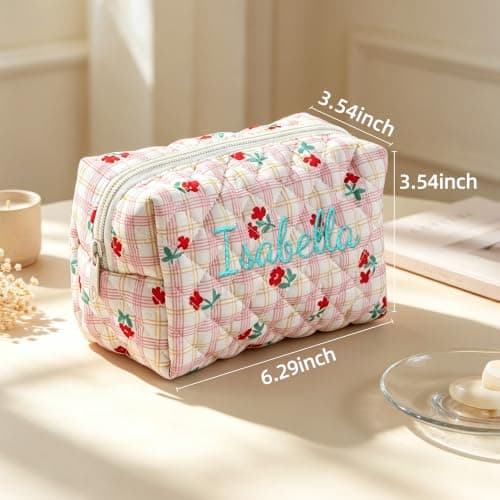 Custom Embroidered Flower Cosmetic Bag with Assorted Floral Designs. Portable Zipper Makeup Storage Pouch, Ideal for Daily Life and Travel, Gift for Ladies and Wedding Bridesmaids. view 2
