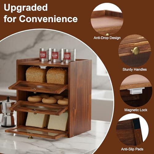 Bread Box for Kitchen Countertop, Bin 3 Layer Bread Storage Container, Wooden Breadbox Holder, Large Capacity Food Organizer, Vintage Multi-functional Container, Pantry Shelf with Acrylic Window view 4