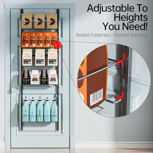 Delamu Adjustable Cabinet Door Organizer, 6 Tier Hanging Spice Rack | Metal Over the Door Pantry Organizer, Pantry Organizers and Storage Shelves for Kitchen Bathroom Laundry Room, Black view 3