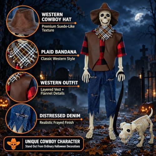 Skeleton for Halloween Decoration Outdoor, Halloween Decor for Yard Porch | Outside Halloween Skeleton Decoration for Yard Patio Lawn Garden, 3FT Realistic Full Body Posable Cowboy Skeleton with Dog view 6