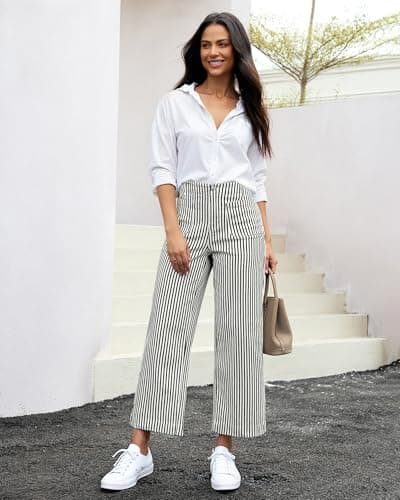 luvamia Striped Jeans for Women Trendy High Waisted Cropped Wide Leg Pants Stretchy Denim Patch Pocket Pinstripe Pants view 6