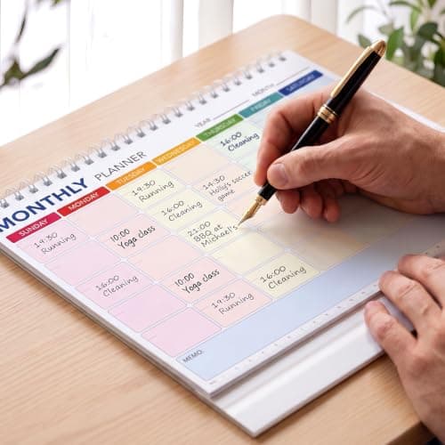 Desk Blank Calendar, Monthly Planner Stand, Undated Spiral-Bound Monthly Calendar, 12-Page Color-Coded Weekly Planner Pages with Memo Sections, Foldable Tri-Fold Desktop Daily Calendar view 2