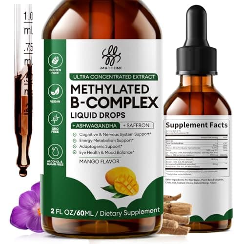 iMATCHME Methylated B Complex Liquid Drops - Max Absorption L-Methylfolate (L-5-MTHF), Vitamin B12 Methylcobalamin, B6 - with Ashwagandha & Saffron for Energy, Focus & Brain Health - Vegan, 2 Fl Oz