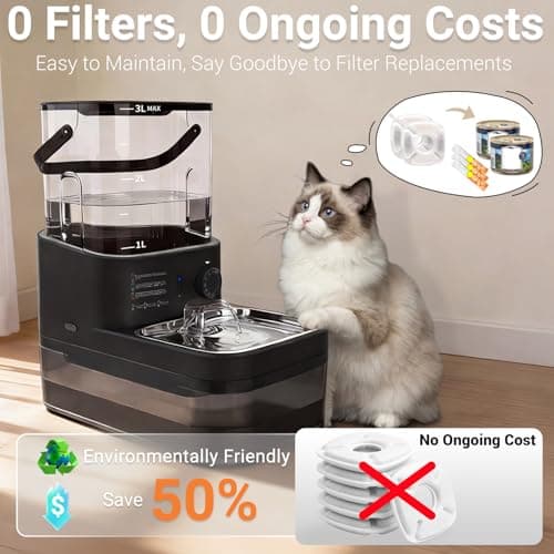 Filterless Cat Water Fountain 3L, Wireless Motion Sensor Cat Water Fountain with 4000mAh Battery, Stainless Steel Cat Bowls, Water Fountain Separate Tanks, Quiet – Black view 3