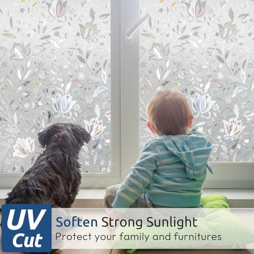 rabbitgoo Window Privacy Film, Decorative Stained Glass Window Film, Sun Blocking Glass Clings, Renter-Friendly Static Cling Frosted Sticker Covering for Home Door, Rainbow Tulip 17.5" x 78.7" view 2