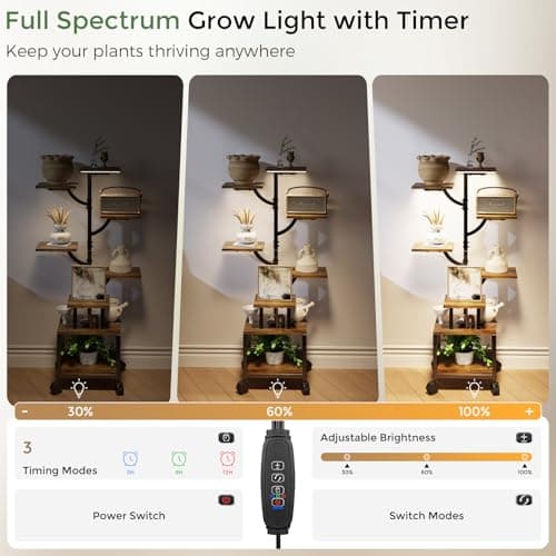 Plant Stand Indoor with Grow Lights - 7-Tier Plant Stand with Wheels, Tall Metal and Wood Indoor Plant Shelf with Tree Design, Rolling Flower Pot Holder Rack with Waterproof Finish, Adjustable Display Stand for Home Garden, Patio, 41" Tall view 6
