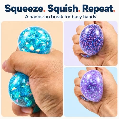 Squeeze Squishy Balls Set, 5Pack Colorful Sensory Fidget Toys Bulk | For Adults, Assorted Colorful Balls with Rainbow and Shimmer Designs for Desk Breaks, Party Favors and Stocking Stuffers view 5