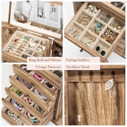 Emfogo Wooden Jewelry Box for Women, 6-Tier Large Jewelry Organizer Boxes with Mirror Rustic Solid Wood jewlery Storage Display for Rings Earrings Necklaces Bracelets watches(Carbonized Brown) view 6