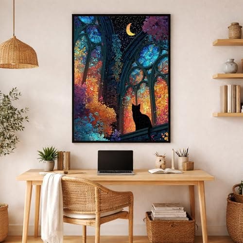 Teemosreal Puzzles for Adults 1000 Pieces, Stained Glass Cat Fantasy Night Moon Scene, Challenging Puzzle Game with Poster, Matte Finish, Interlock Perfectly Frameable Wall Decor Gift view 2