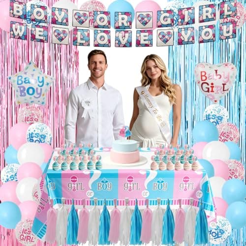 200 Pcs Gender Reveal Decorations Kit, Boy or Girl Gender Reveal Supplies | Baby Reveal Supplies with 36" Gender Reveal Balloon, Boy or Girl Banner, Mommy to Be Sash, Fringe Curtains & Photo Props view 6