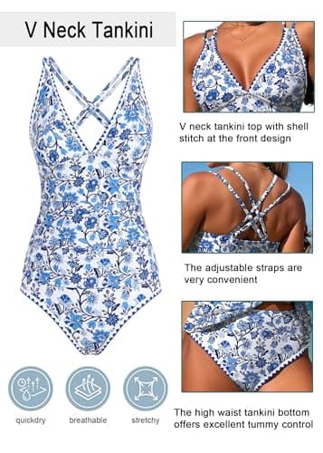 Jillumi Womens V Neck Tankini Swimsuits Push Up Ruched Color Block Swim Top High Waisted Tummy Control Bathing Suits view 3