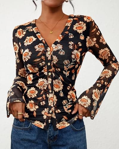 BTFBM Button Down Shirts for Women 2026 Spring Boho Tops V Neck Long Sleeve Blouses Ruched Mesh Fitted Fashion Clothing view 3