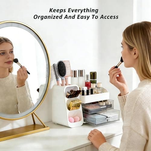 Makeup Organizer Countertop, Spacious Cosmetic Display Case with Makeup Brush Holder, Perfect Vanity Bathroom Organizer and Storage, White view 6