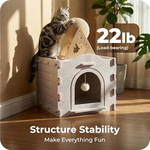 Apasiri Cat Bed Cave for Indoor Cats: New Felt Cat Bed with Fluffy Ball Hanging, Foldable Cat House with Scratch-Resistant Board, Hideaway Cat Cave for Timid Cats, Sturdy Two-Tier Cat Condo - Gray view 4