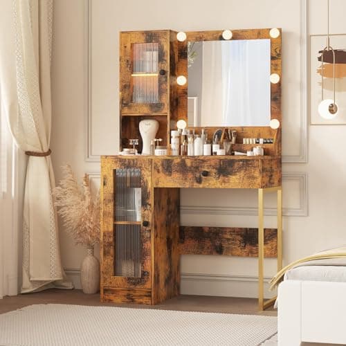 Garvee Vanity Desk with Mirror & Lights – Adjustable RGB & White Lighting – 2 Acrylic-Door Cabinets, 2 Open Shelves, Drawers, Built-in Power Outlet & USB Ports – Makeup Vanity Table for Bedroom view 7
