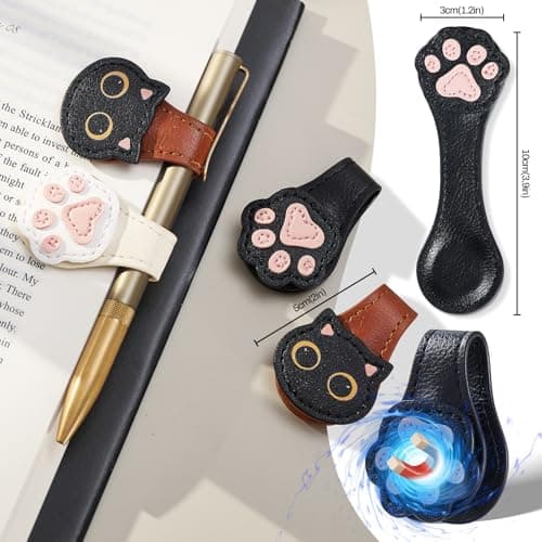 2Pcs Magnetic Leather Bookmarks with Gift Box Magnetic Pen Holder Book Marks Clip Gift for Book Lover Readers Men Women Teachers Students, Cat+Paw (Brown+Black) view 3