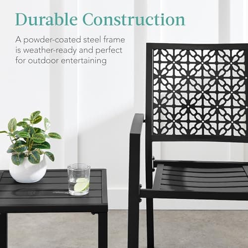 Best Choice Products 3-Piece Outdoor Bistro Set, Stackable Modern Steel Furniture for Porch, Garden w/ 2 Chairs, Table, Geometric Decor - Black view 4