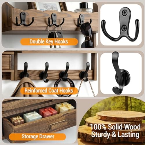 Dellicasi 29" Coat Rack Wall Mount with Shelf & Drawer, Heavy Duty Wood Entryway Organizer, Wall Coat Hanger with 12 Metal Hooks, Wall Mounted Coat Rack Key & Mail Holder for Living Room, Bedroom view 5