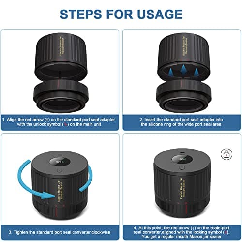 Electric Mason Cordless Vacuum Sealer Kit for Wide-Mouth & Regular-Mouth Mason Jars, for Food Storage and Fermentation, Black view 4