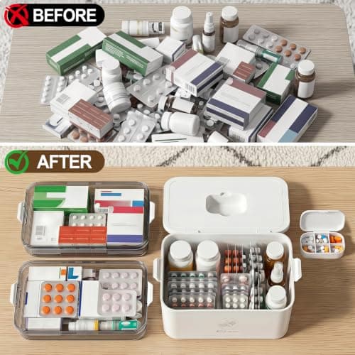 CFQNI 3-Tier Medicine Organizer Storage Box with Handle, Portable First Aid Kit Organizer for Home, Large Emergency Medical Case & Pill Bottle Holder, Multipurpose Cabinet Bin for Family Care view 4