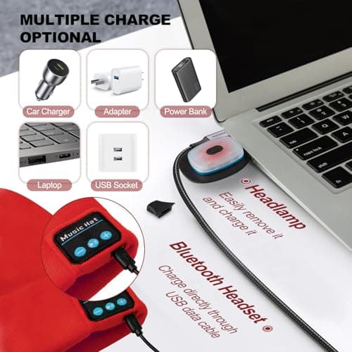 SYMNTEM Gifts for Men, Rechargeable Bluetooth Music Unisex Beanie Hat with Light, Valentines Day Gifts for Him, Birthday Gifts for Men, Women, Red view 5