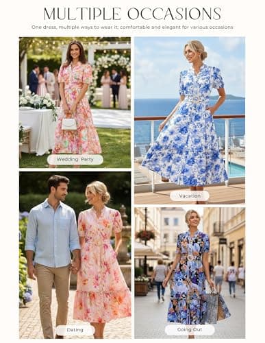 GRACE KARIN Womens Summer Floral Maxi Dress 2026 Casual Puff Short Sleeve Shirt Dress Boho Flowy Dresses with Pockets & Belt view 2