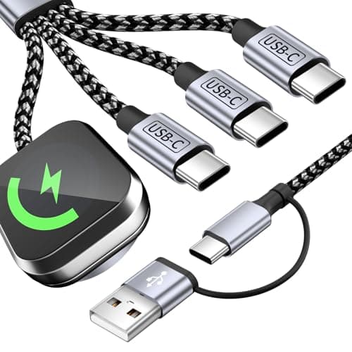 4 in 2 Charging Cable for Phone Watch Charger with 3 Type-C Ports, Travel Essentials USB C Splitter Multi Charging Cable/Cord for iWatch Ultra/SE/11-1, iPhone17 16 15 14, Android, More -1Pack 5FT
