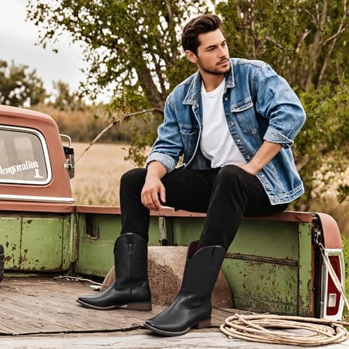 Grakihily Cowboy Boots For Men with Wide Square Toe Western Retro Boot Durable Classic Fashionable Embroidered Country Pull On Resistant Boots view 3