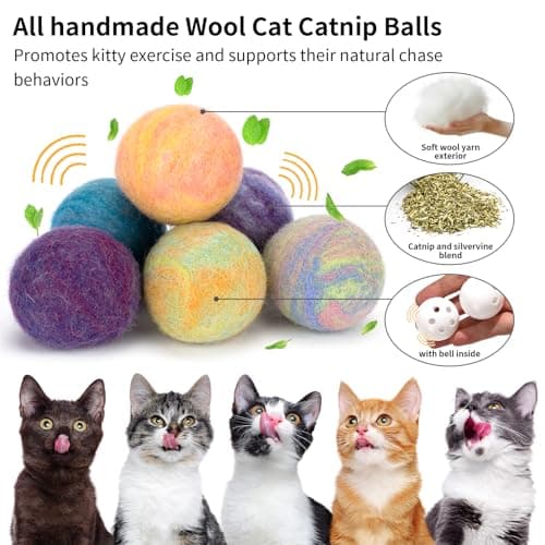Retro Shaw Catnip Balls with Bell Inside - 6 Pcs Interactive Catnip & Silvervine Cat Toys, Durable Wool Balls for Indoor Cats, Kitten Teething Toys, Natural Catnip Toys for Bored Cats view 2